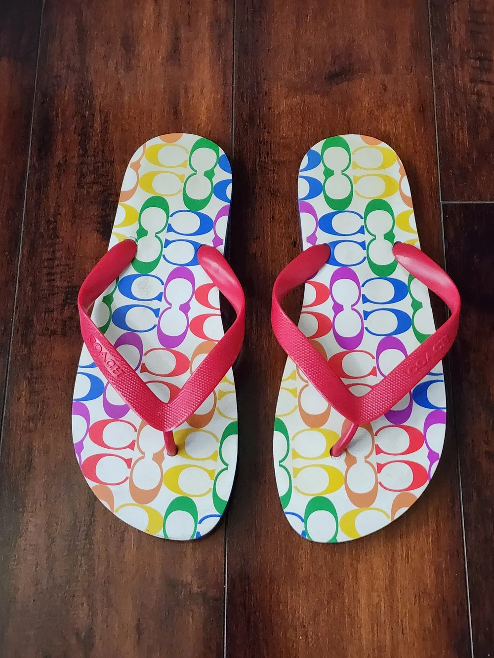 Coach Rainbow Logo Flip Flops with Pink Straps